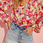 Floral V Neck Puff Sleeve Keyhole Back Bodysuit