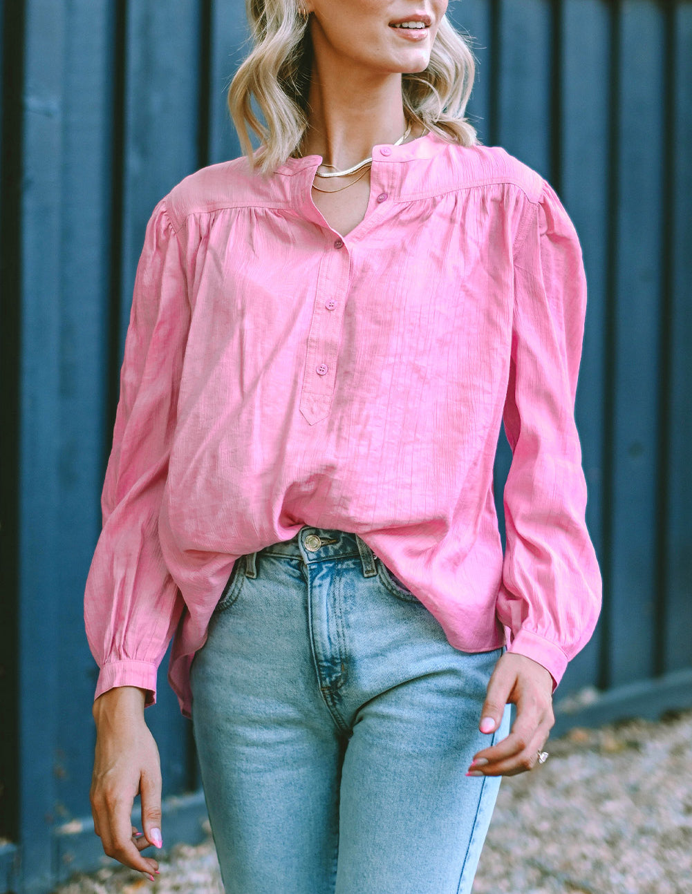 Button Split Neck Pleated Puff Sleeve Blouse