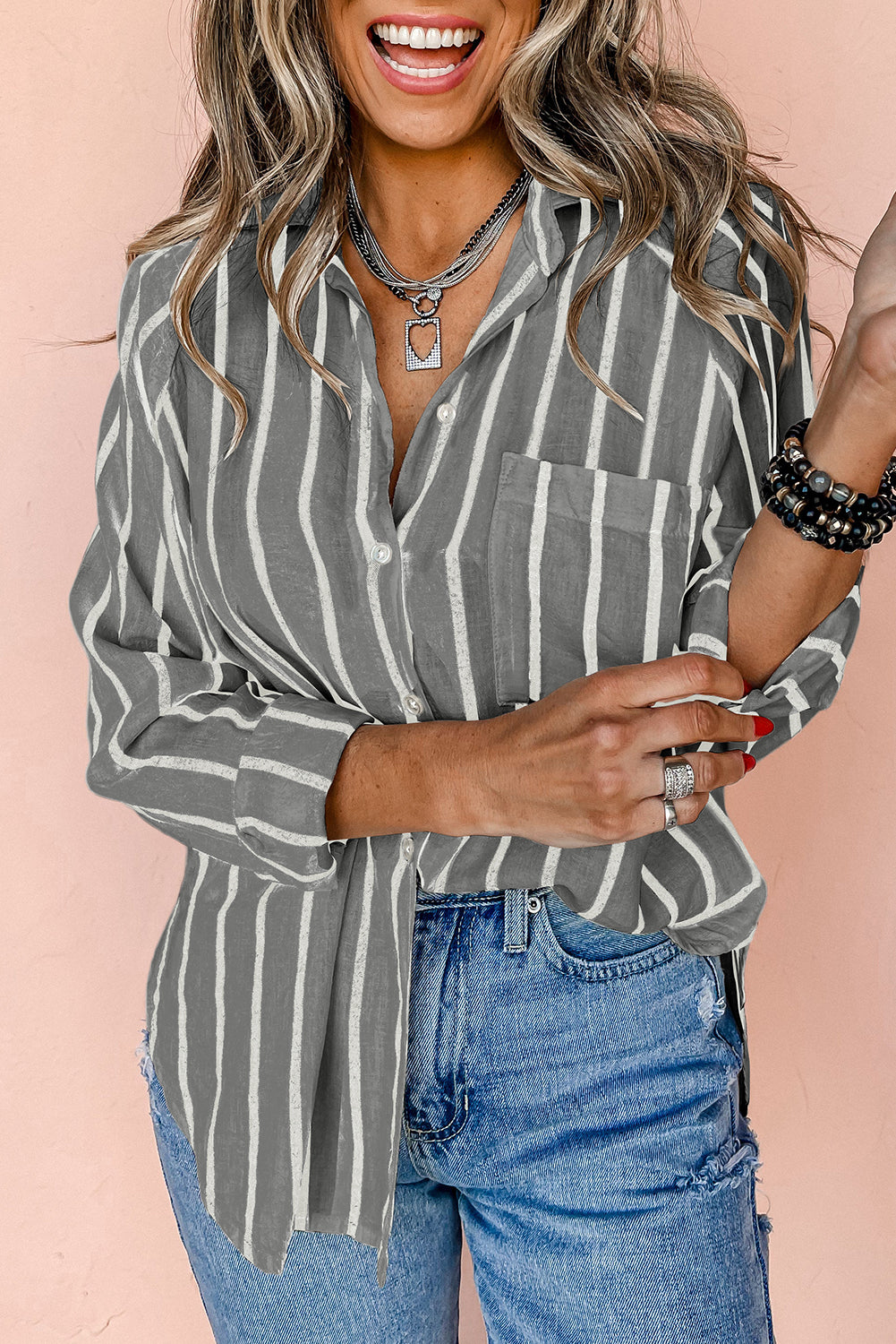 Stripe Chest Pocket Buttoned Oversized Shirt