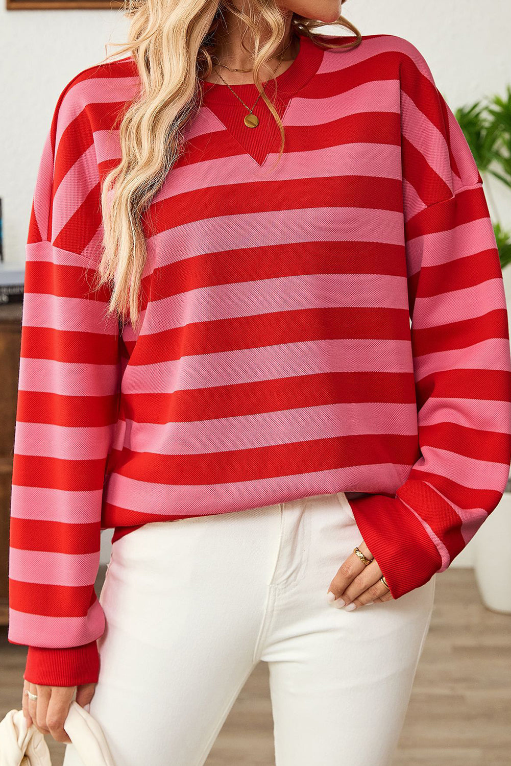 Stripe Long Sleeve Round Neck Drop Shoulder Top