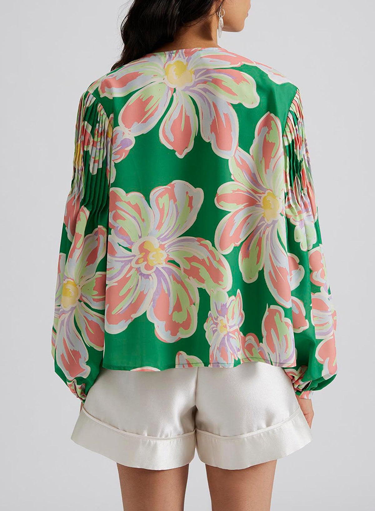 Floral Print Button up Pleated Puff Sleeve Loose Shirt