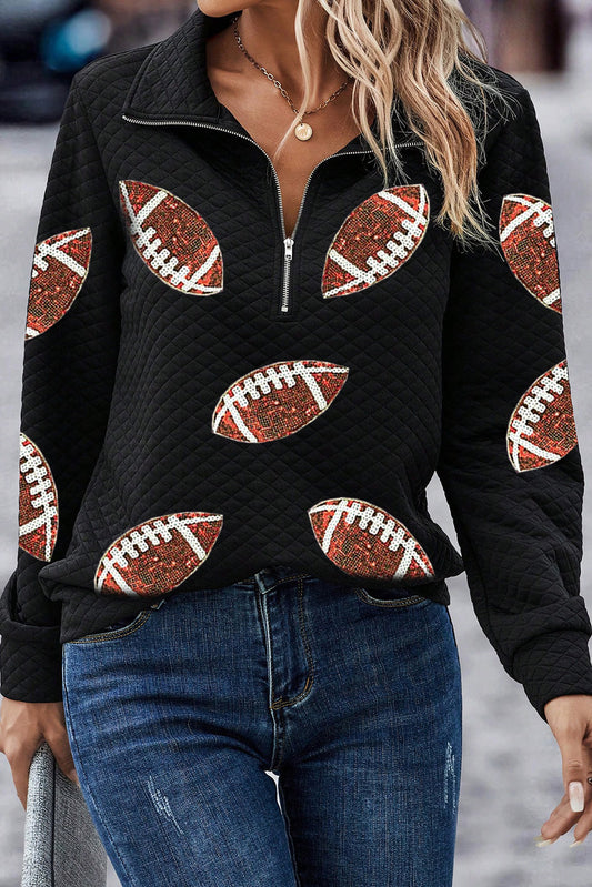 Sequin Rugby Football Patched Quarter Zip Textured Sweatshirt