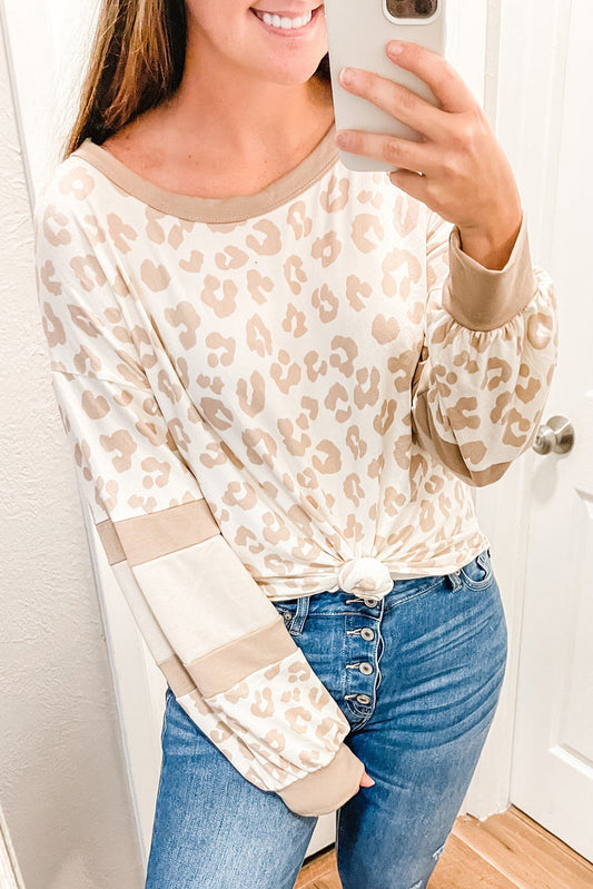 White Leopard Print Round Neck Puff Sleeve Top