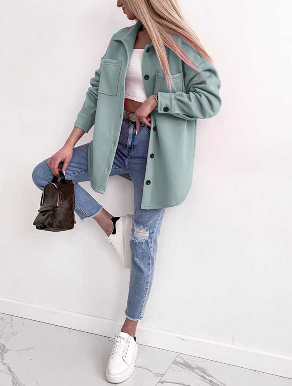 Solid Color Pocketed Button up Long Sleeve Shacket