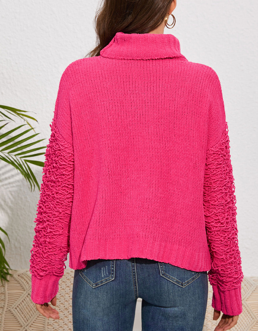 Ribbed Turtleneck Fuzzy Sleeve Knit Sweater