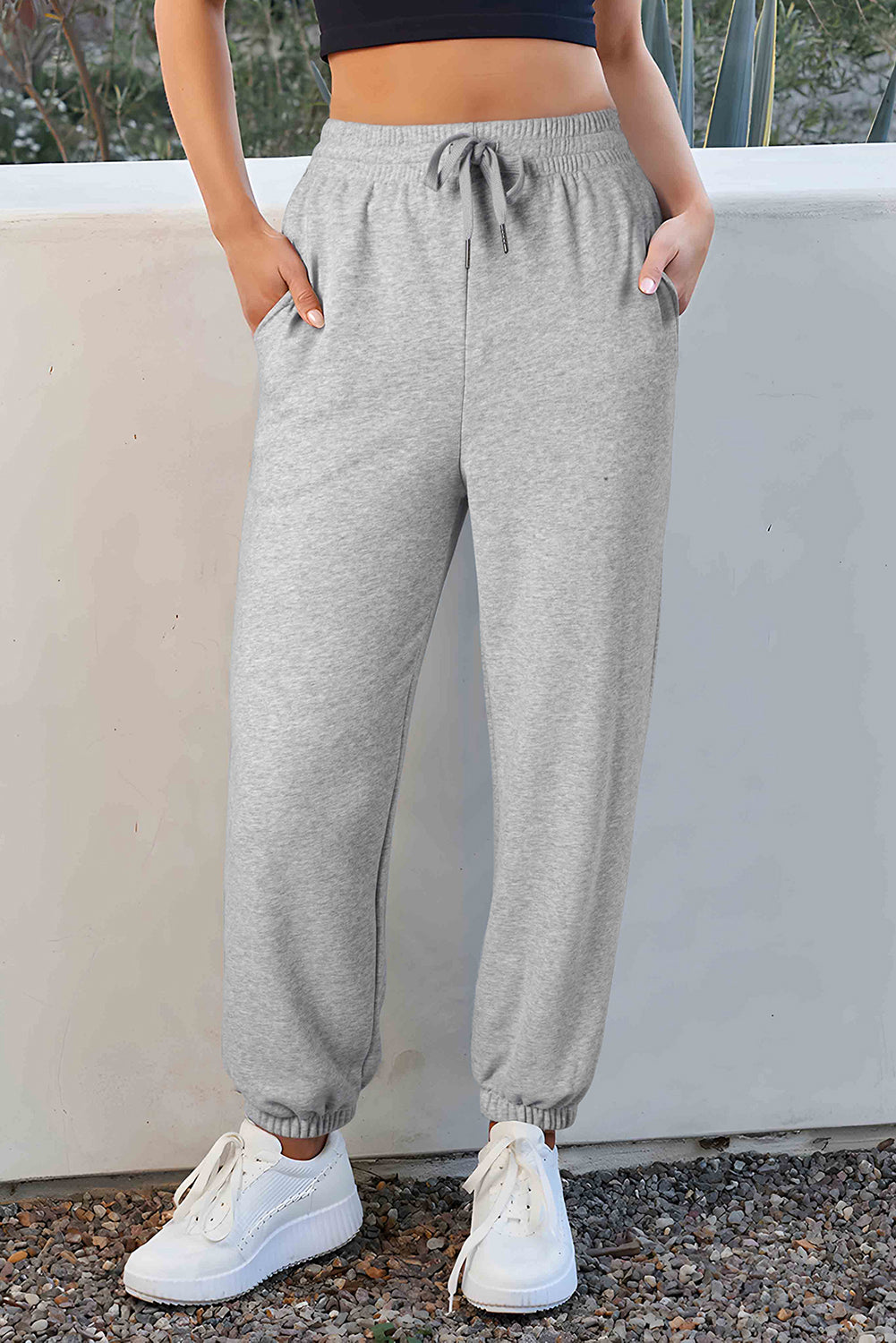 Solid Color Fleece Lined Drawstring Waist Joggers