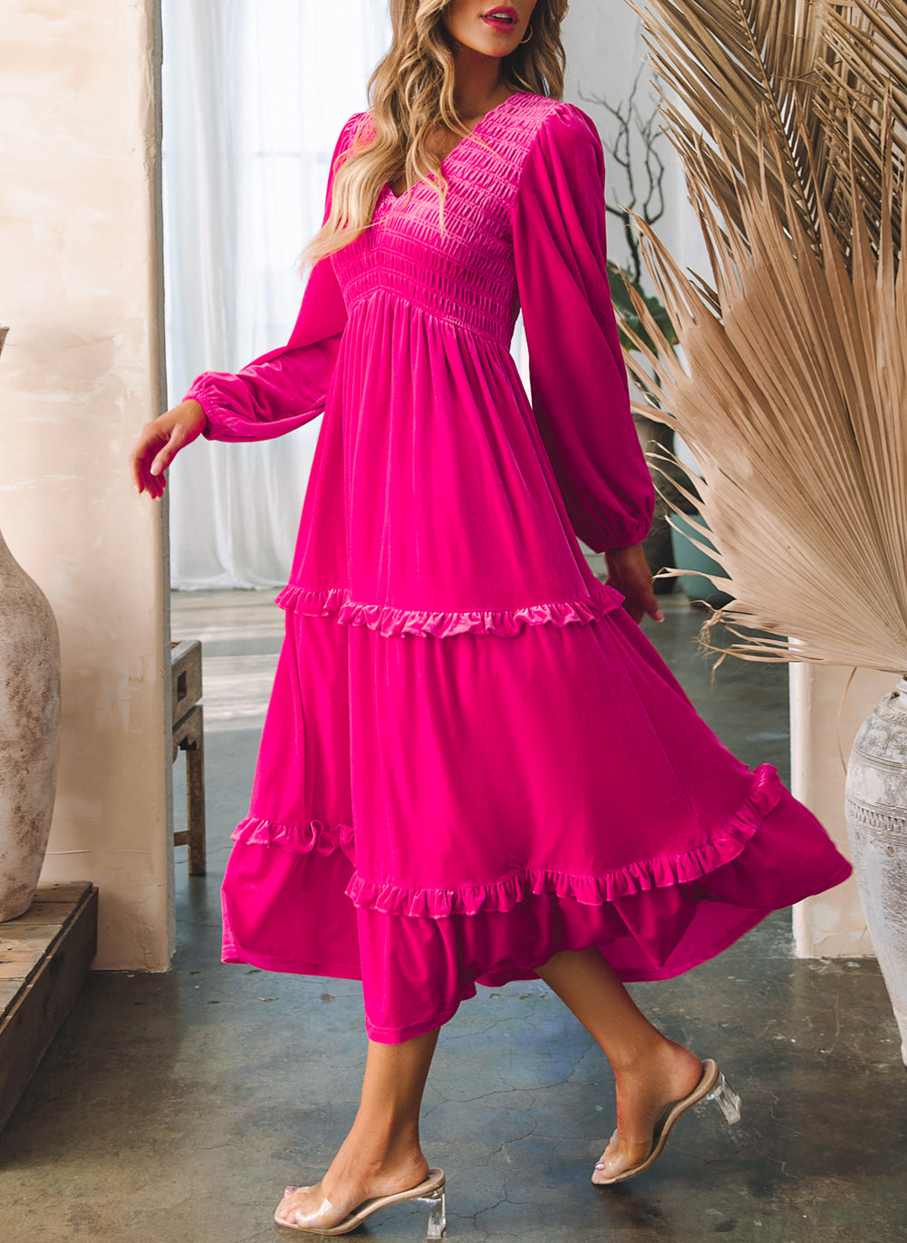 V Neck Long Sleeve Velvet Dress