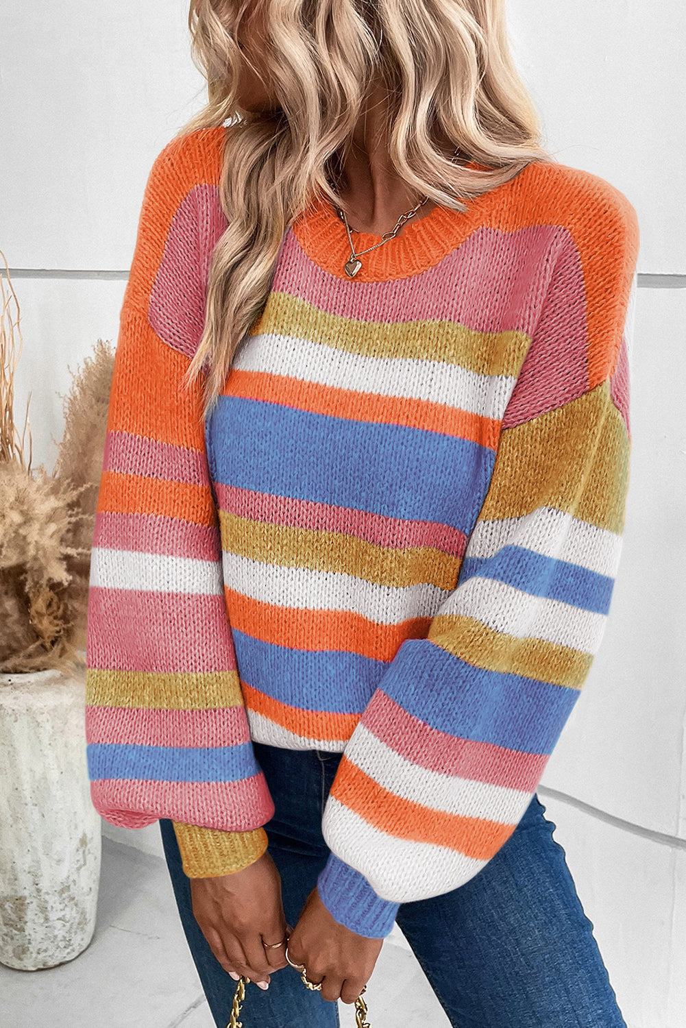 Striped Knit Drop Shoulder Puff Sleeve Sweater