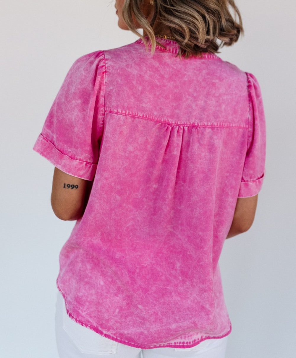 Mineral Wash Split Neck Pocket Patched Denim Top