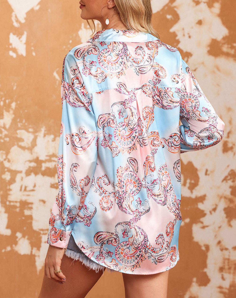 Boho Paisley Print Lantern Sleeve Button-Down Shirt