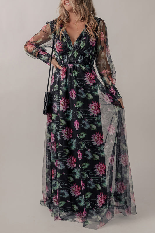Mesh Sheer Shirred High Waist Floral Maxi Dress