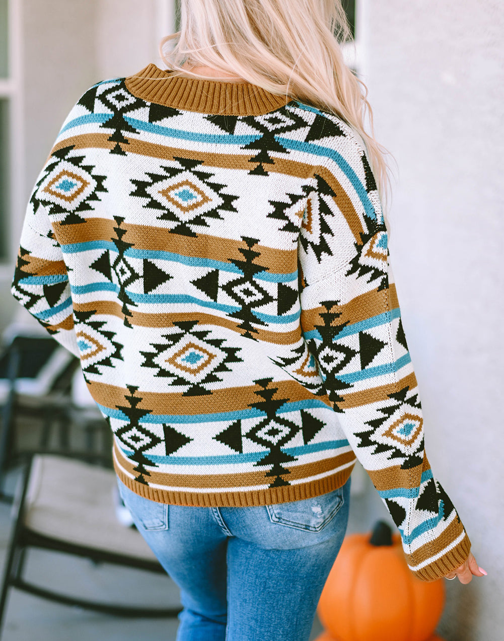 Aztec Striped Knit Ribbed Trim Sweater