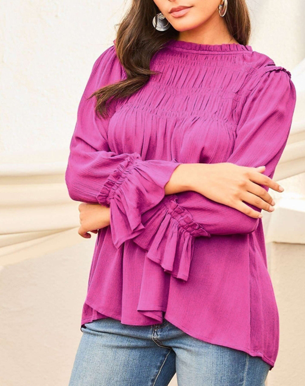 Shirred Button Keyhole Back Flounce Sleeve Blouse
