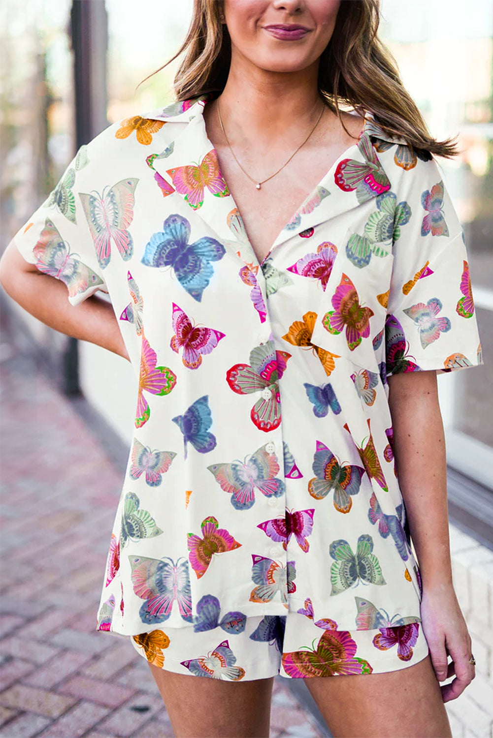 Butterfly Pattern Short Sleeve Shirt Pajamas Set