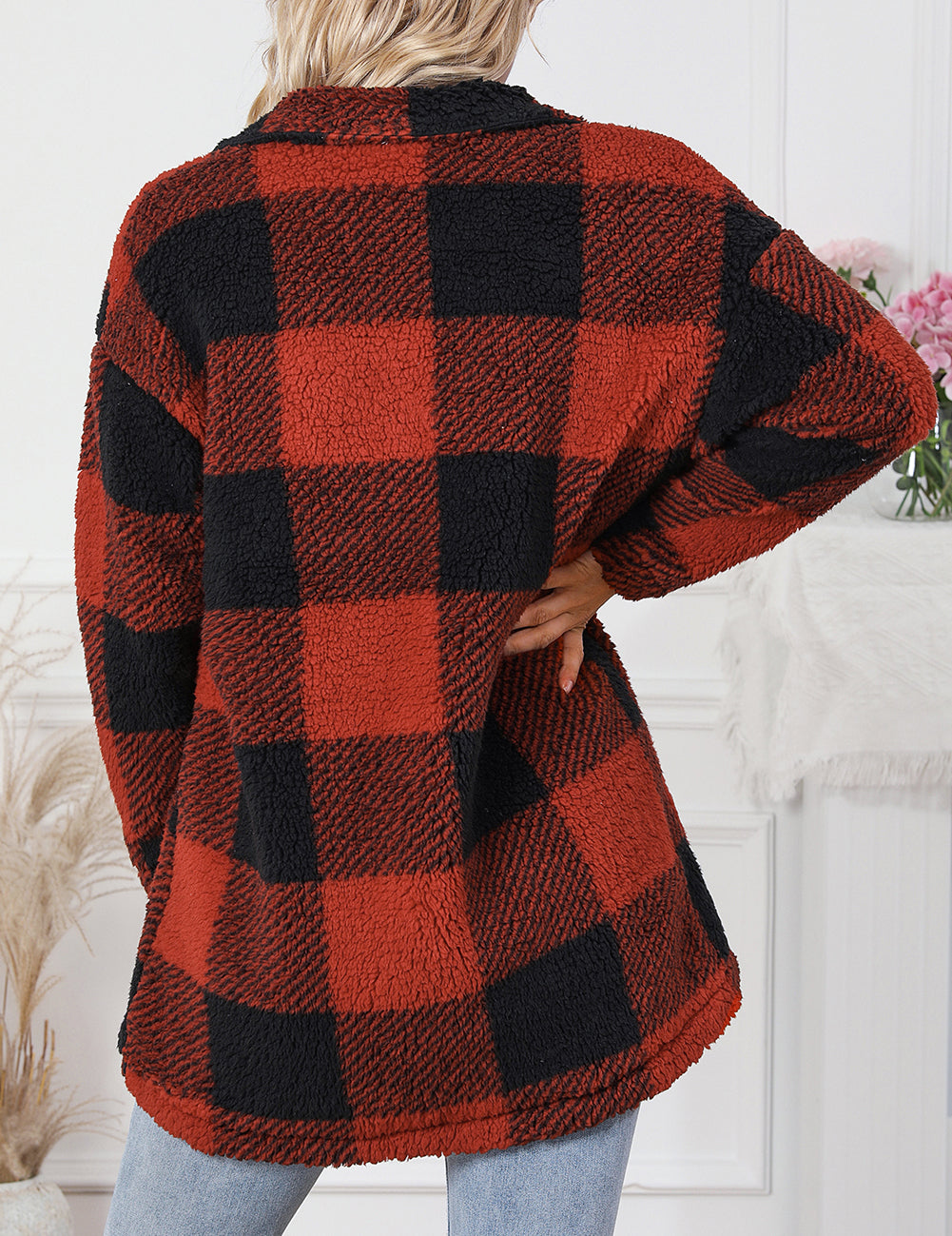 Fuzzy Plaid Flap Button Up Midi Coat