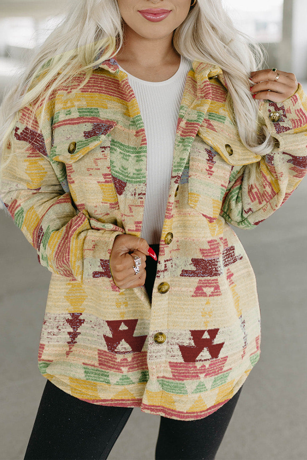 Western Aztec Print Button Flap Pocket Shacket