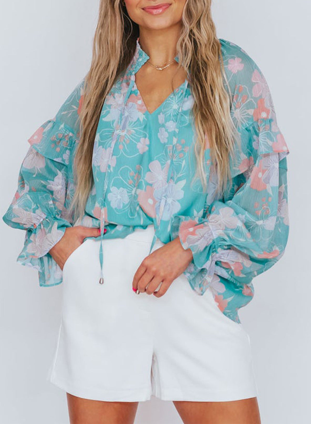 Floral Split Neck Ruffled Puff Sleeve Blouse