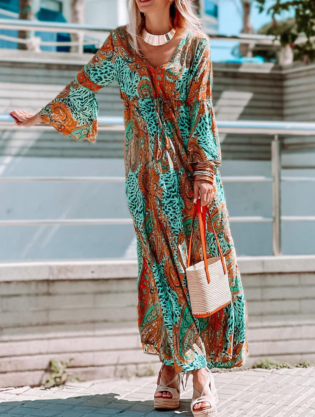 Boho Paisley Mix Print Long Sleeve V-Neck Tie Maxi Dress