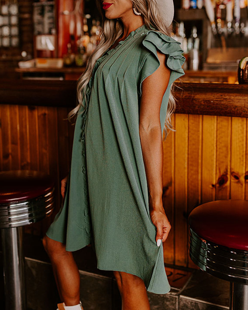 Ruffle Sleeve V Neck Frilled Shift Dress