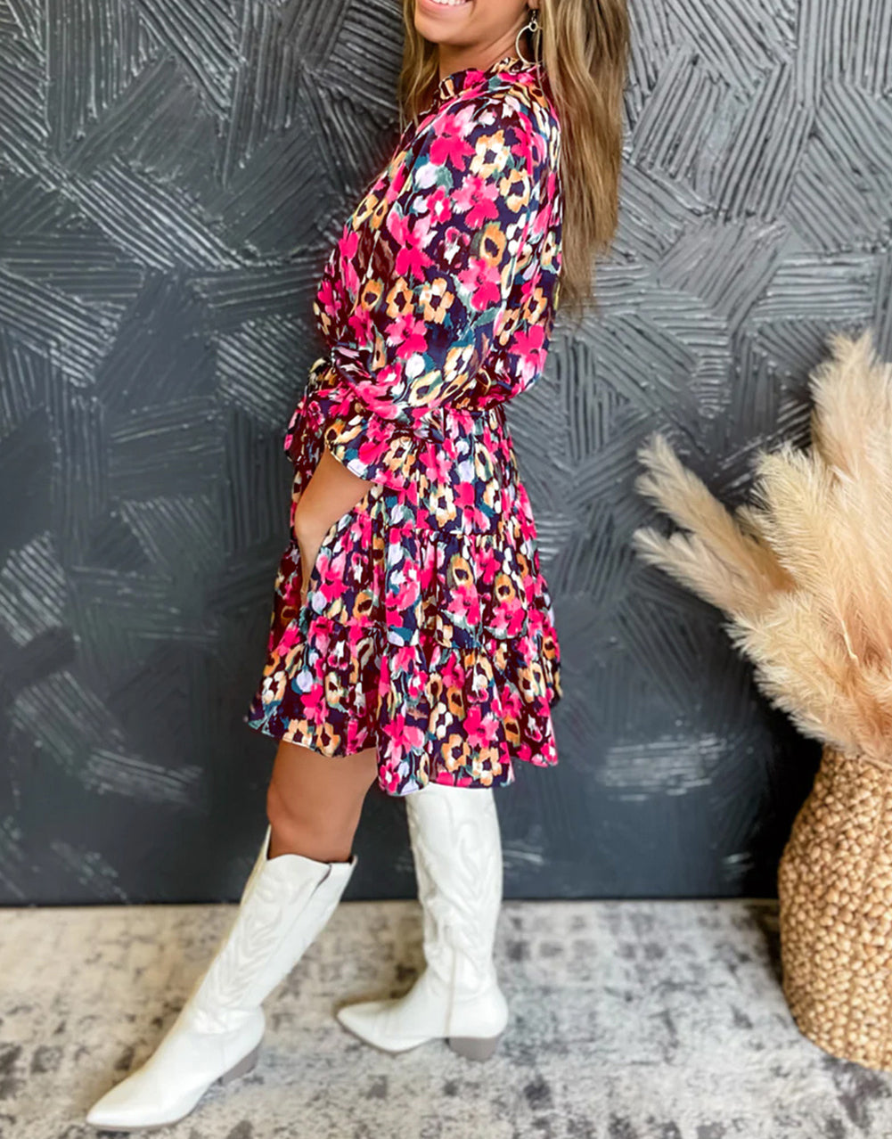 Floral Print Tiered Ruffled Half Sleeve V Neck Dress