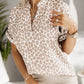 Mandarin V Neck Short Sleeve Leopard Blouse