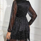 Glitter Mesh Overlay V Neck Long Sleeve Dress