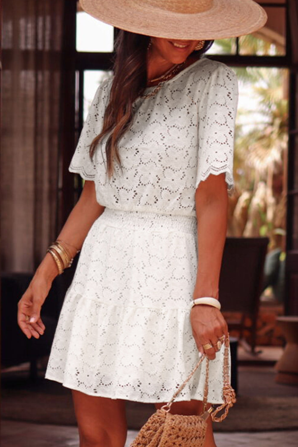 Scalloped Floral Lace Crochet Short Sleeve Mini Dress