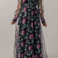 Mesh Sheer Shirred High Waist Floral Maxi Dress