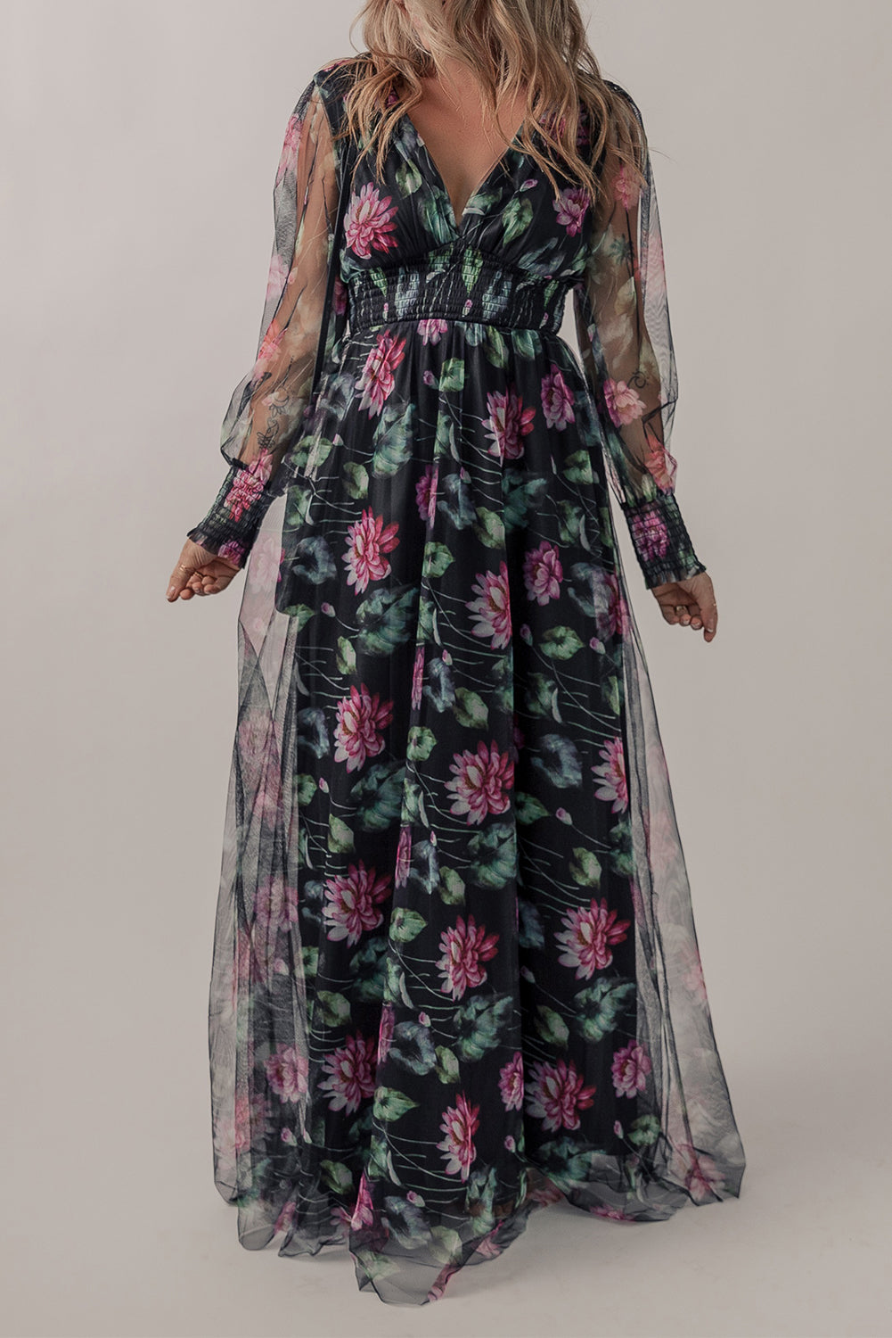 Mesh Sheer Shirred High Waist Floral Maxi Dress