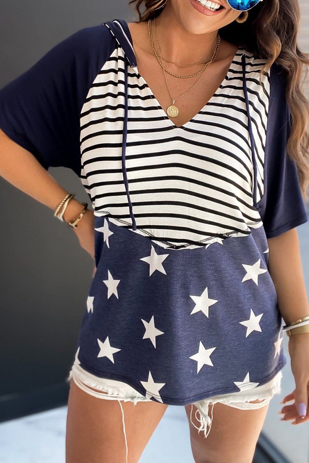 Stars and Stripes Print Drawstring Hooded T Shirt