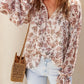 Boho Floral Print Split V Neck Bubble Sleeve Blouse
