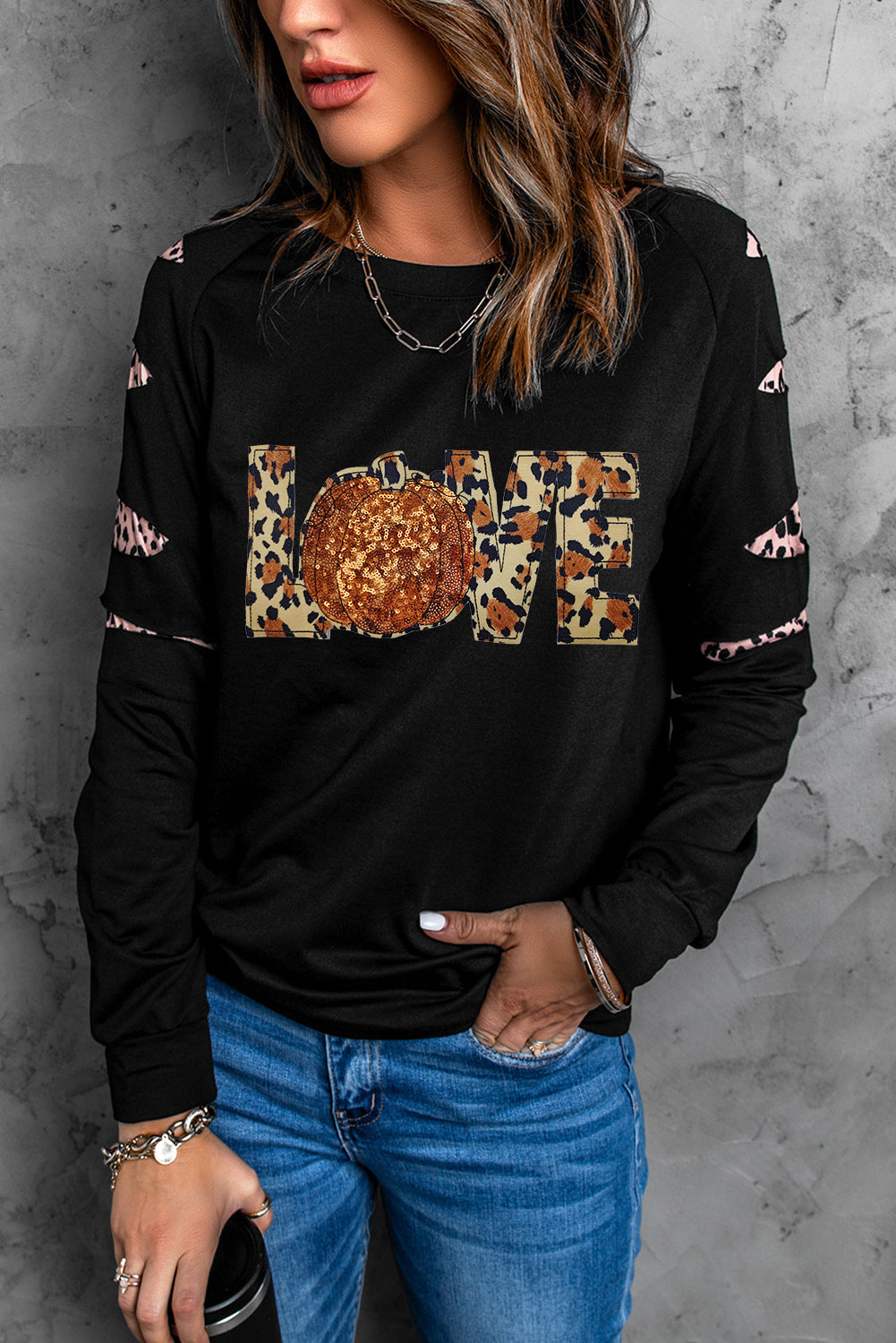 LOVE Sequin Pumpkin Leopard Print Cut Out Sleeve Sweatshirt