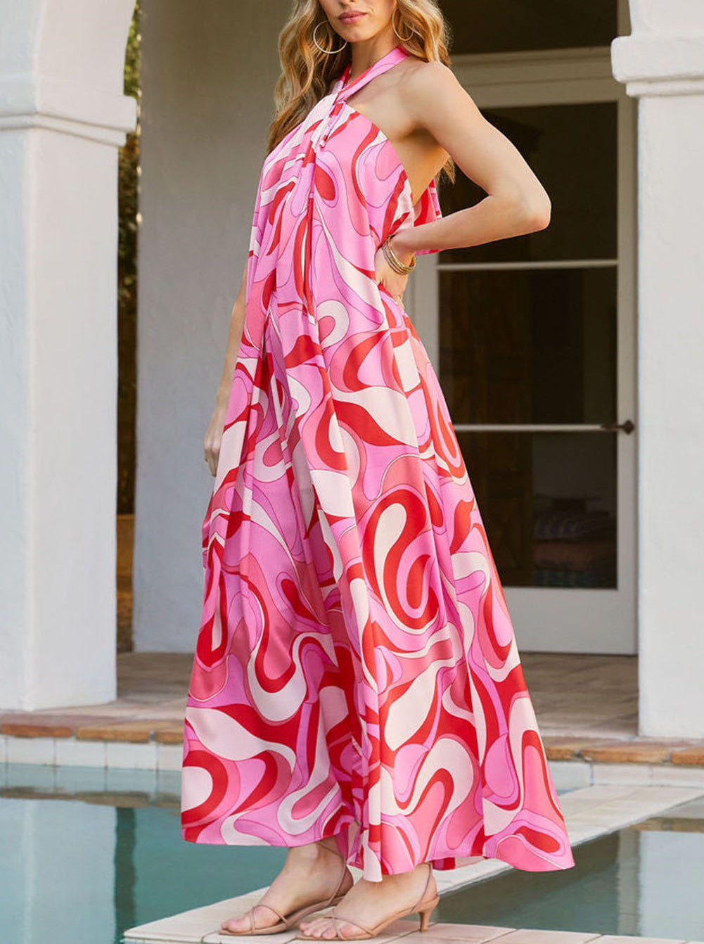 Abstract Swirl Print Halter Maxi Dress