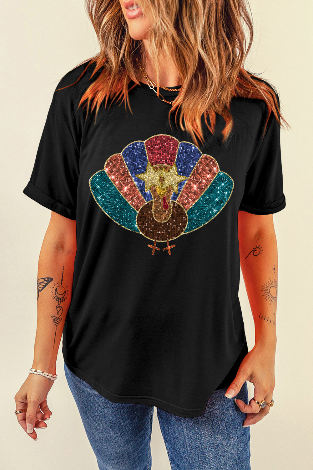 Glitter Turkey Graphic Thanksgiving T Shirt