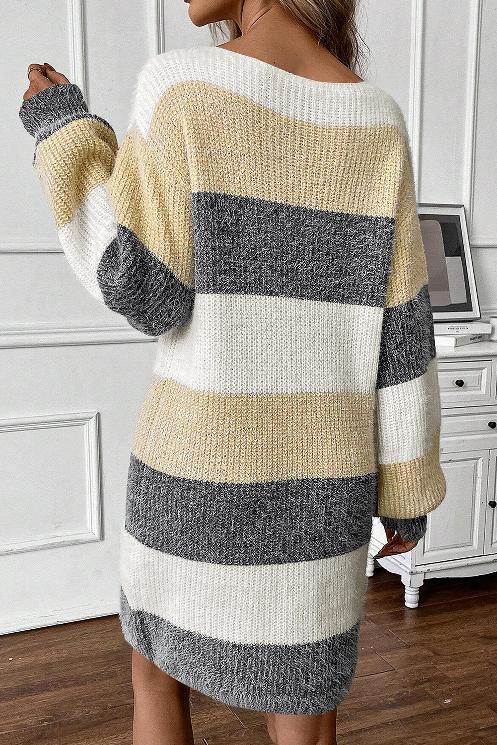 Stripe Colorblock Bubble Sleeve Drop Shoulder Sweater Dress