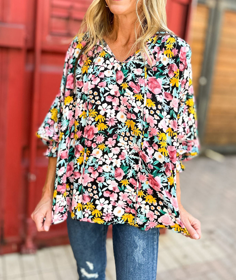 Floral Notched V-Neck Puff Sleeve Blouse