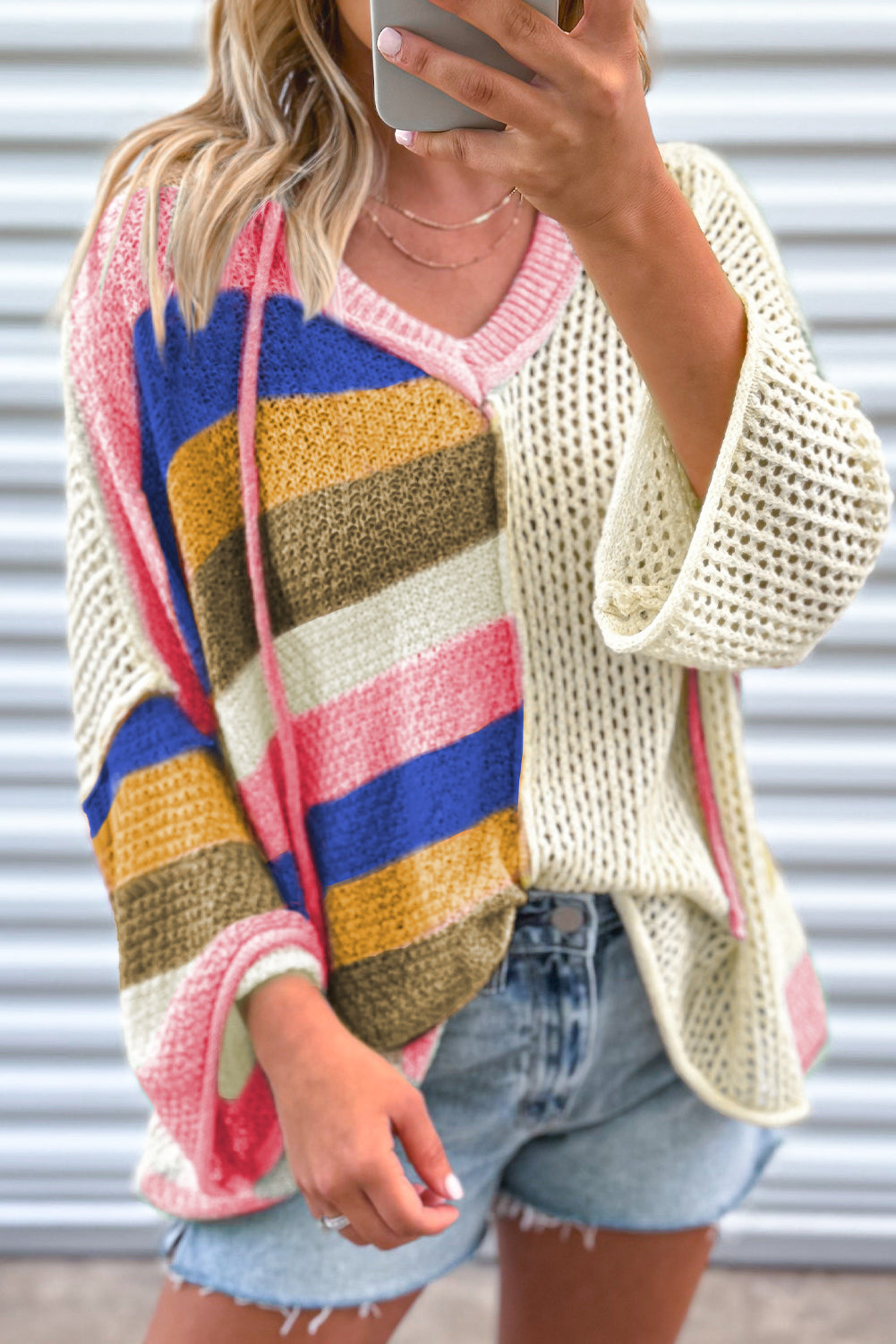 Oversized Colorblock V Neck Hooded Sweater