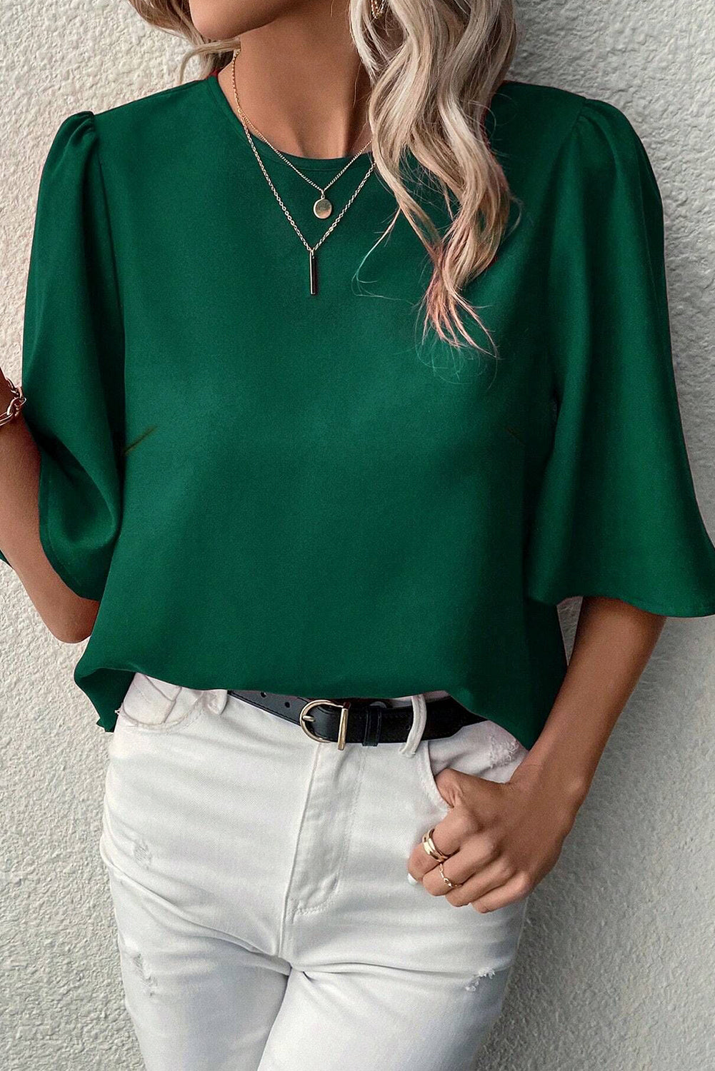 Solid Color Satin Keyhole Back Wide Sleeve Blouse