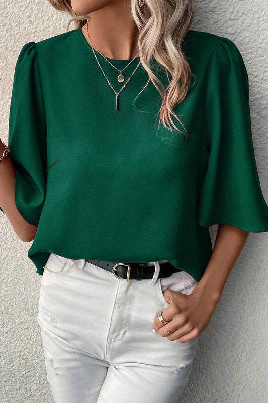 Solid Color Satin Keyhole Back Wide Sleeve Blouse