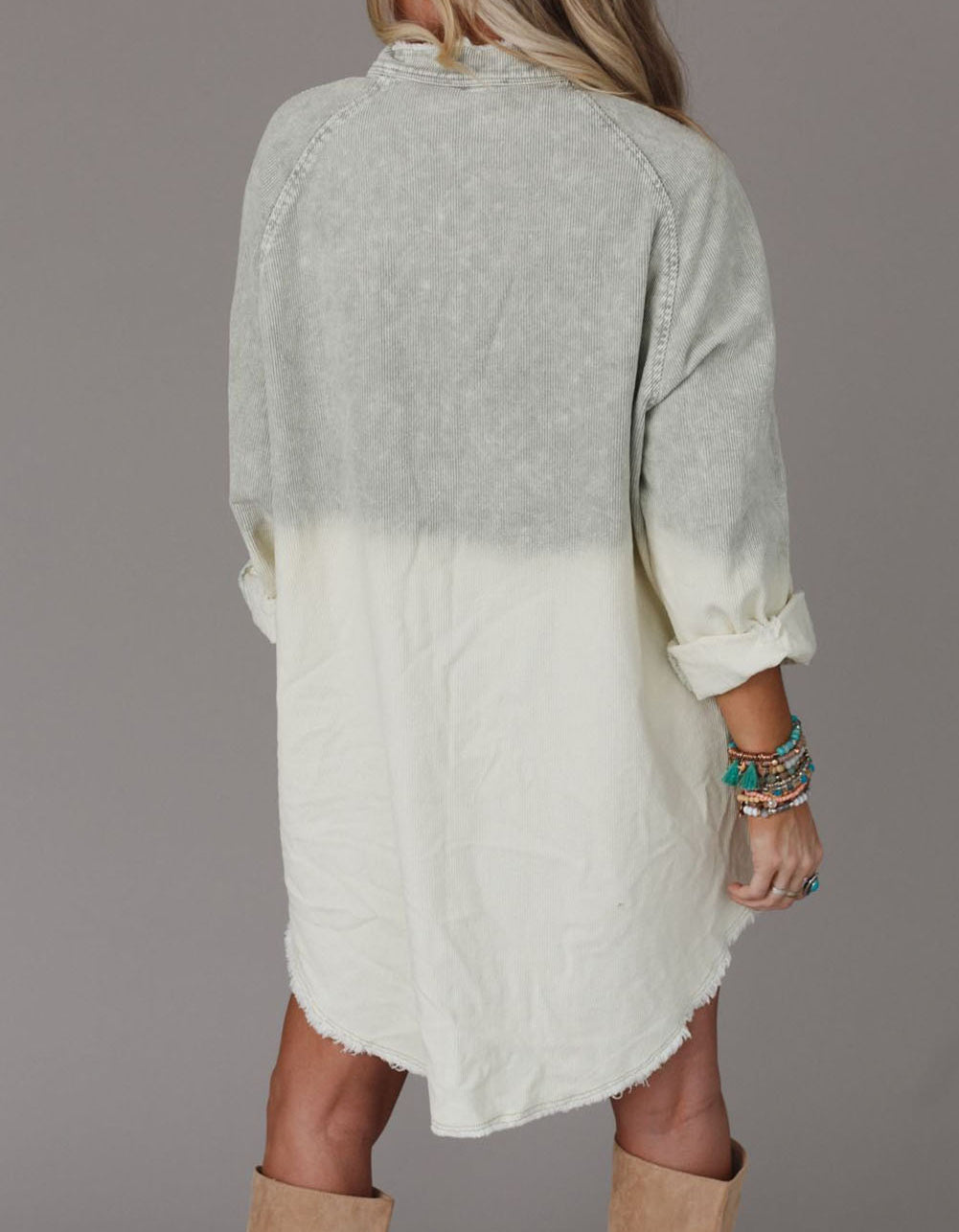 Gradient Long Sleeve Button Up Raw Hem Denim Dress
