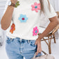 Cream Cute Flower Applique Short Sleeve Sweater