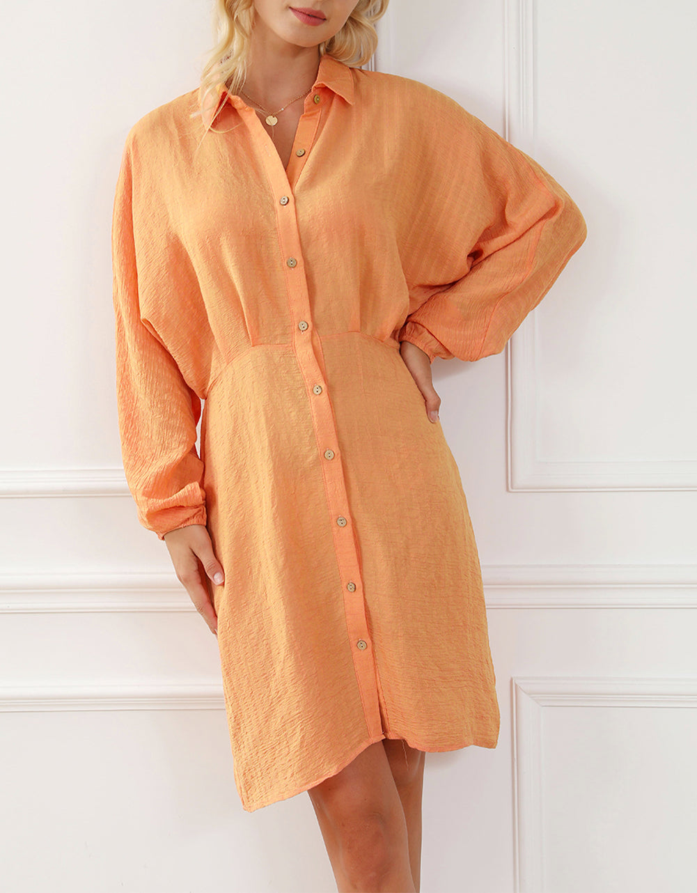 Textured Button Front Cinched Waist Mini Dress