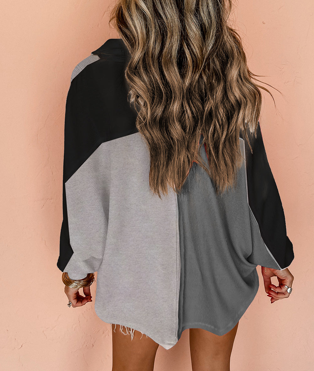Colorblock Ribbed Collared Oversized Sweatshirt