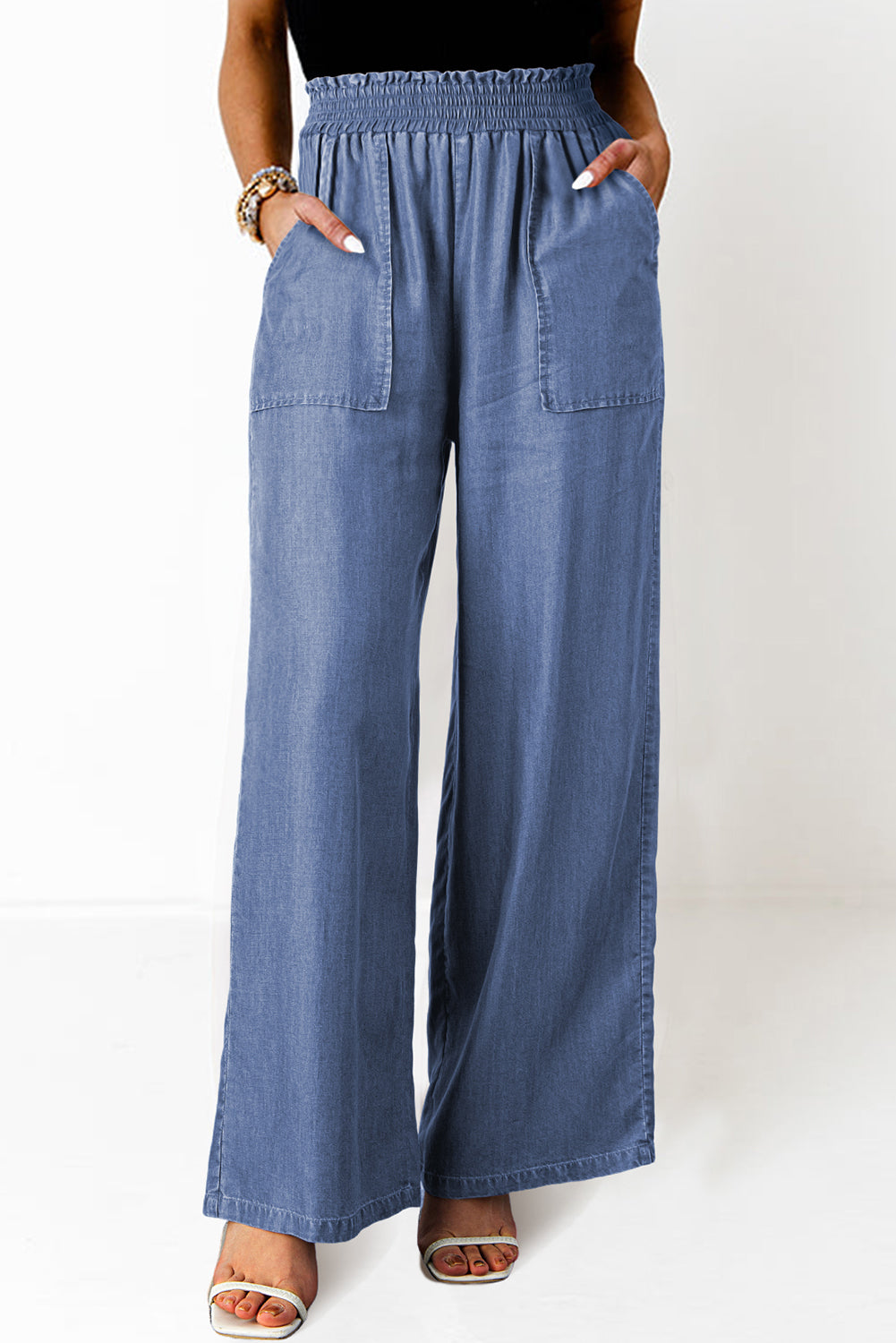 Side Pockets Frilled Smocked High Waist Wide Leg Jeans