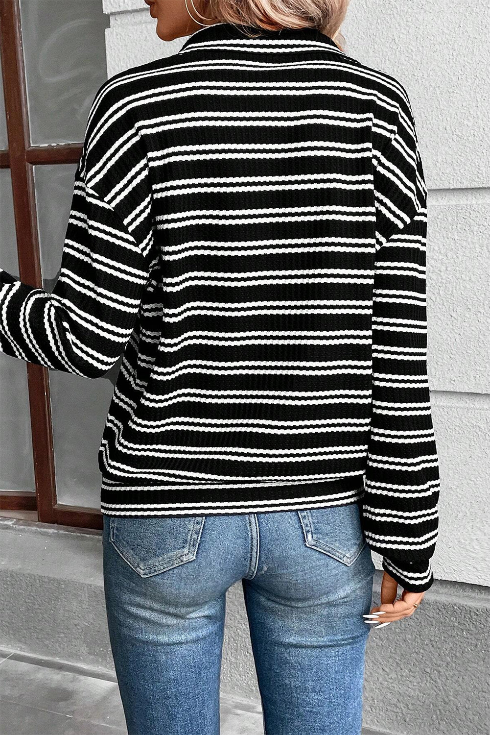 Stripe Textured Quarter Zip Collar Long Sleeve Top