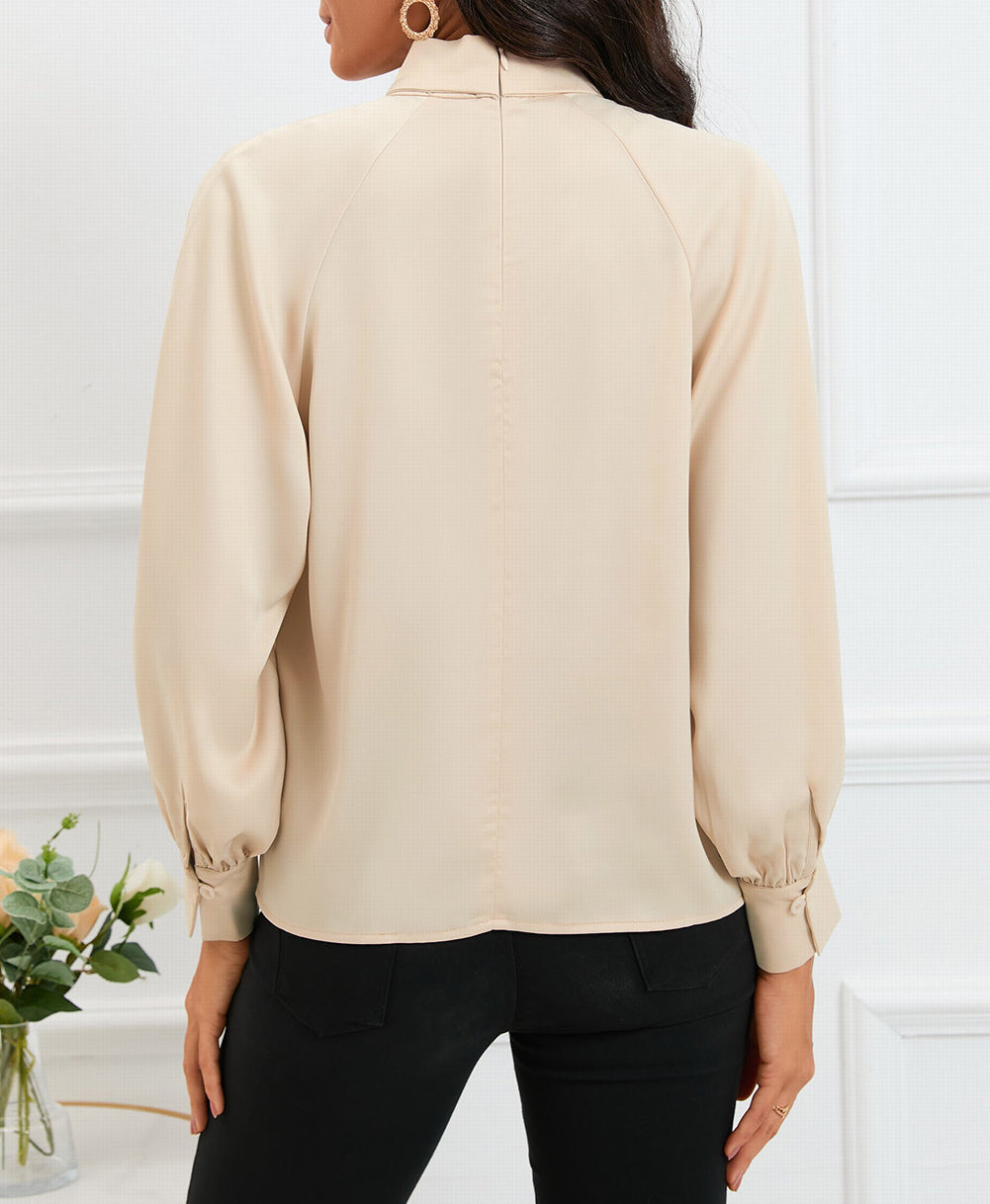 Keyhole Pleated Mock Neck Bishop Sleeve Blouse