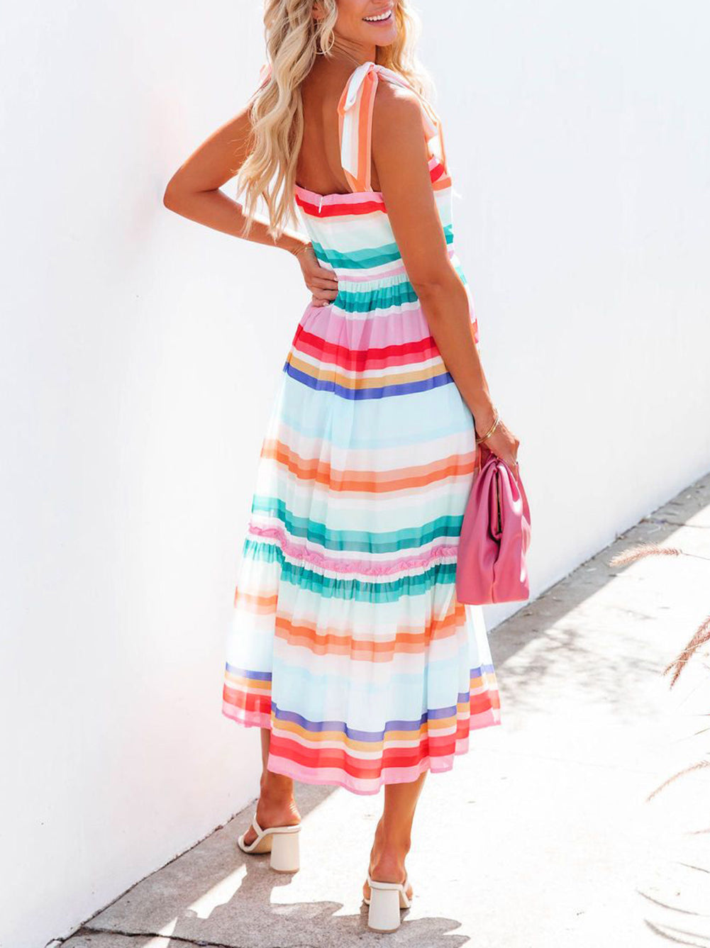 Tie Shoulder Strap Striped Midi Dress