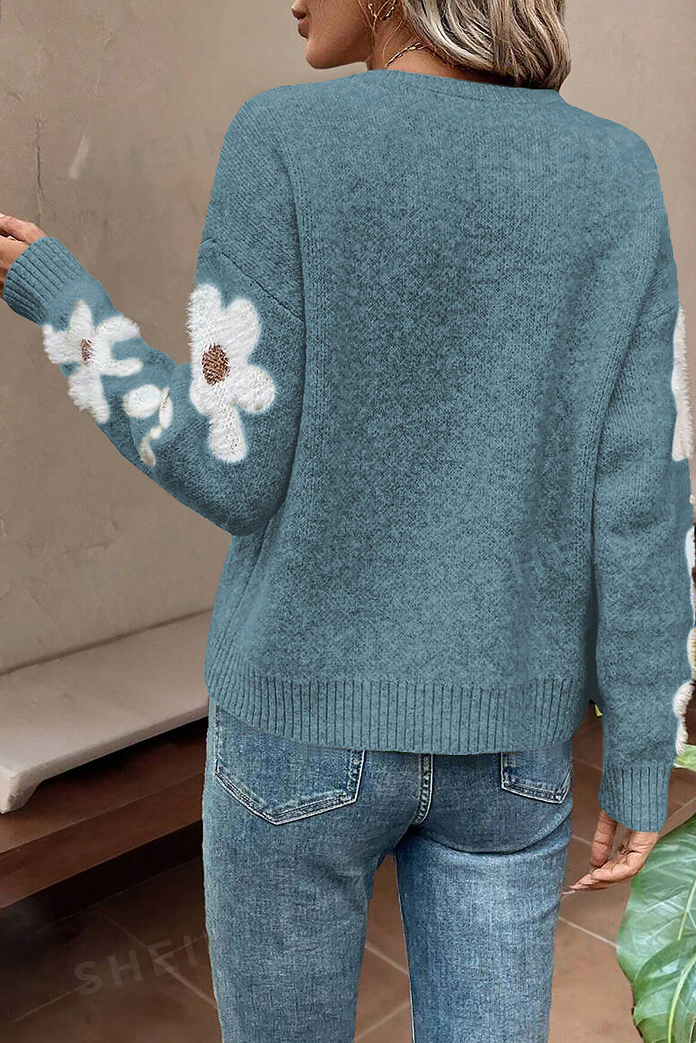 Flower Sleeve Drop Shoulder Sweater