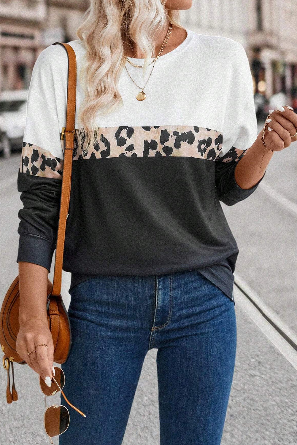 Leopard Colorblock Round Neck Long Sleeve Top