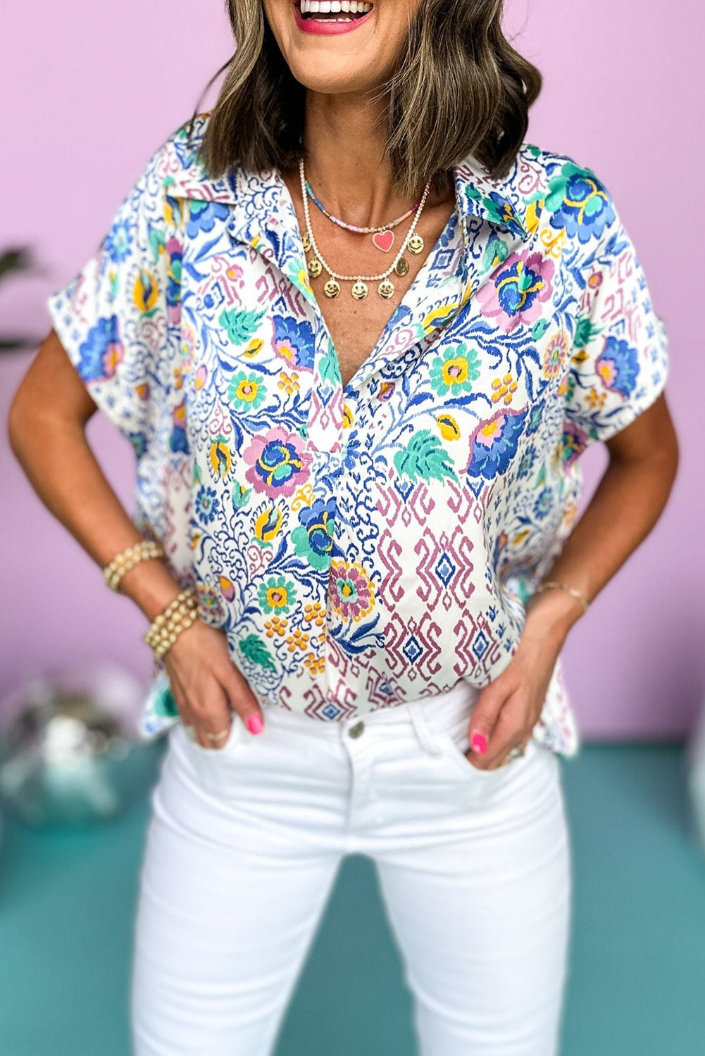 Mixed Floral Printed Collared Split Neck Blouse
